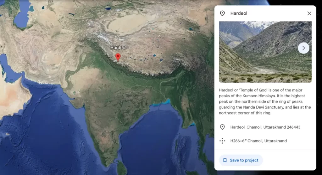 Satellite view of Hardeol, a picturesque mountain situated in the Kumaon region of the Indian Himalayas. Hardeol's snow-covered peak dominates the surrounding landscape, creating a breathtaking natural vista